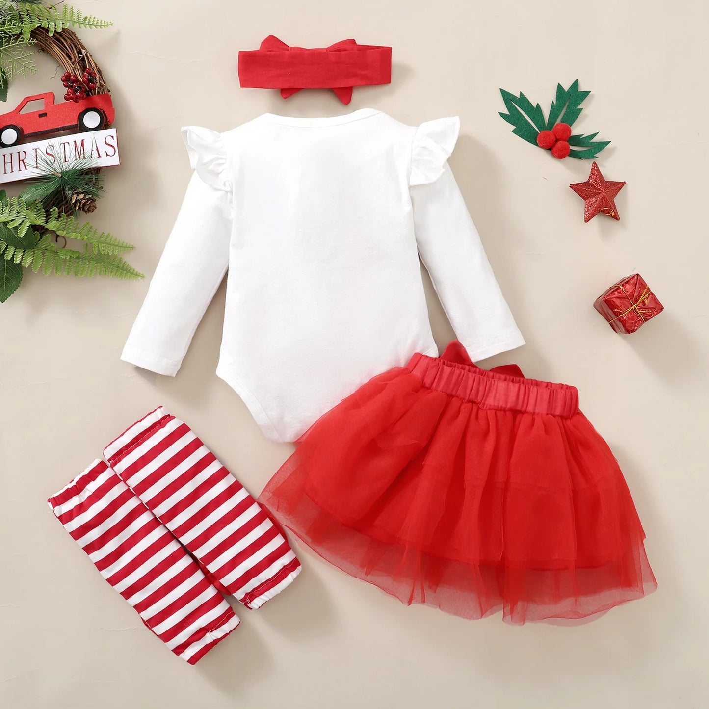 Children's Holiday Set Santa Claus Print Bodysuit+ Yarn skirt+Headband+Socks 4Pcs/Set   0-18 Months Baby Girl Christmas Set