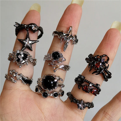 Gothic Fashion Rings For Women Girls Crystal Black Spider Open Ring Hip Hop Punk Irregular Animal Finger Jewelry Halloween Gift