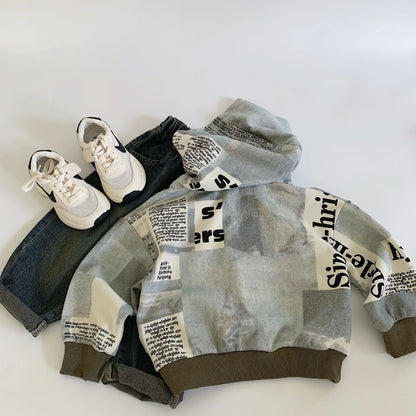 Children Clothes Boys Hoodie 2024 Autumn Letter-printed Hooded Pullover Boys Color Matching Fashionable Long Sleeve Top