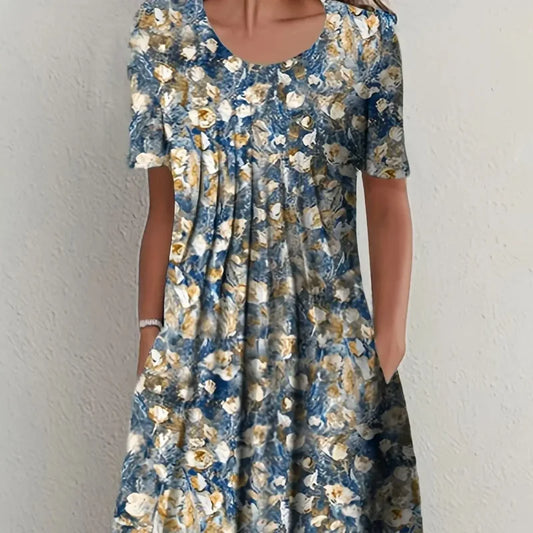 2024 New Spring And Summer Women's Elegant Large Skirt Round Neck Printed Short-sleeved Dress