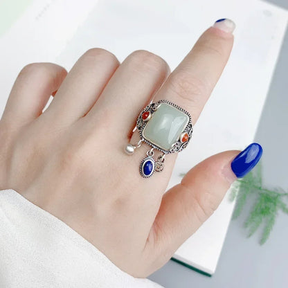 Vintage natural Hotan jade green rings for women 925 silver National style tassels lapis lazuli ring classic geometry jewelry