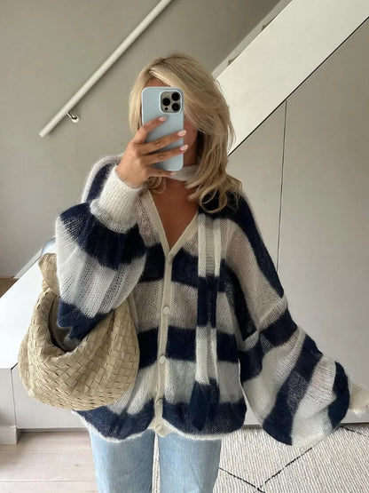 Chic Contrast Striped Women's Knit Cardigan With Scarf Casual V Neck Lantern Sleeved Sweater Coat 2024 New Lady Fashion Knitwear