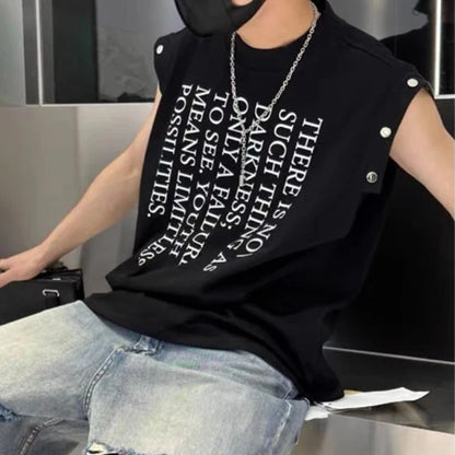 Fashion O-Neck Printed Letter Sleeveless Rivet T-Shirt Men's Clothing 2024 Summer New Casual Pullovers Loose Korean Tank TOPS