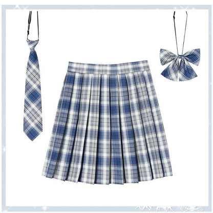 Women Plaid Pleat Skirt With Necktie Bowtie