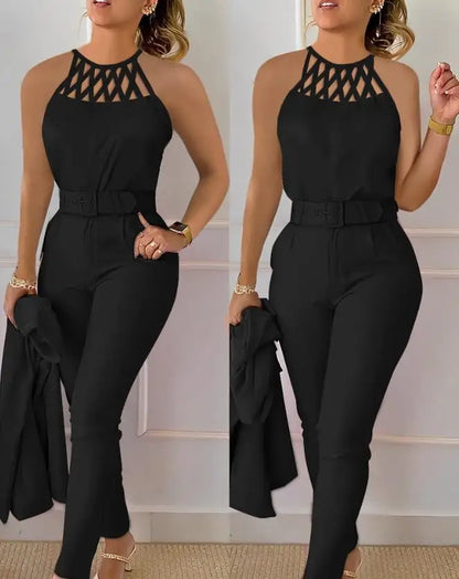 Two Piece Set Women Outfit 2024 Summer Fashion Hollow Out Round Neck Sleeveless Tank Top & Casual Pocket Daily Pants Set