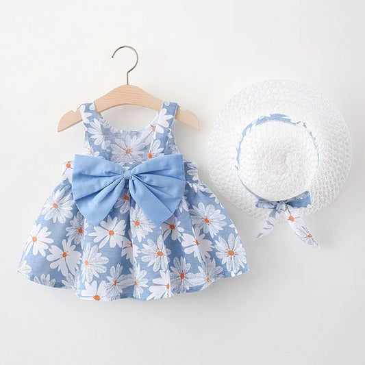 2023 Summer New Baby Dress Small Daisy Cotton Princess Dress Big Bow Sling Children's Clothing Gift Hat