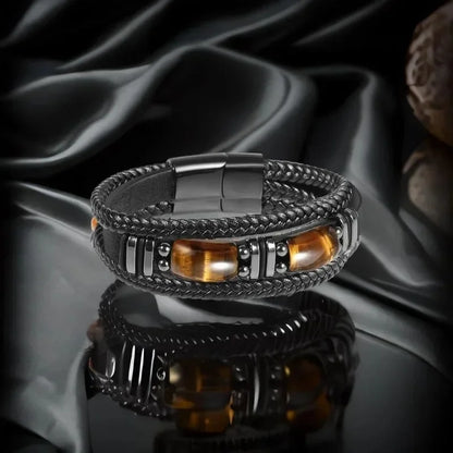 Tiger Eye Black Leather Bracelet