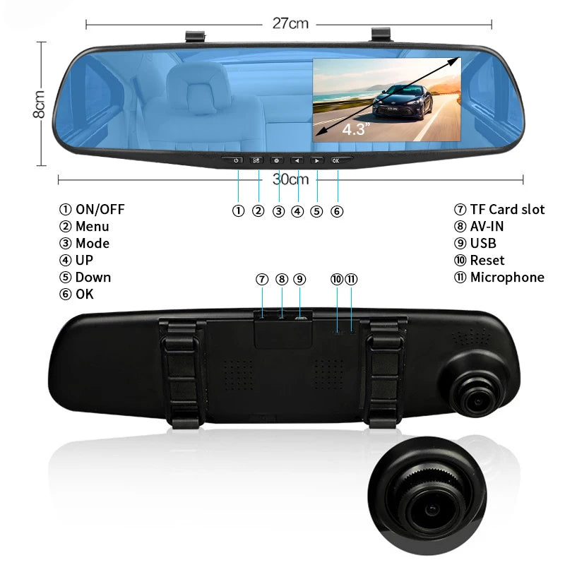 E-ACE Dashcam Car Dvr 4.3 Inch Mirror FHD 1080P Camera Dual Lens DVR  Rearview Mirror Dash Camera Car Video Recorder Auto