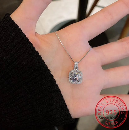 Full Moissanite Square Pendant Necklace Center 1CT Round Cut Diamond Emerald Cut Halo Design Necklace 14K Plated Silver Jewelry