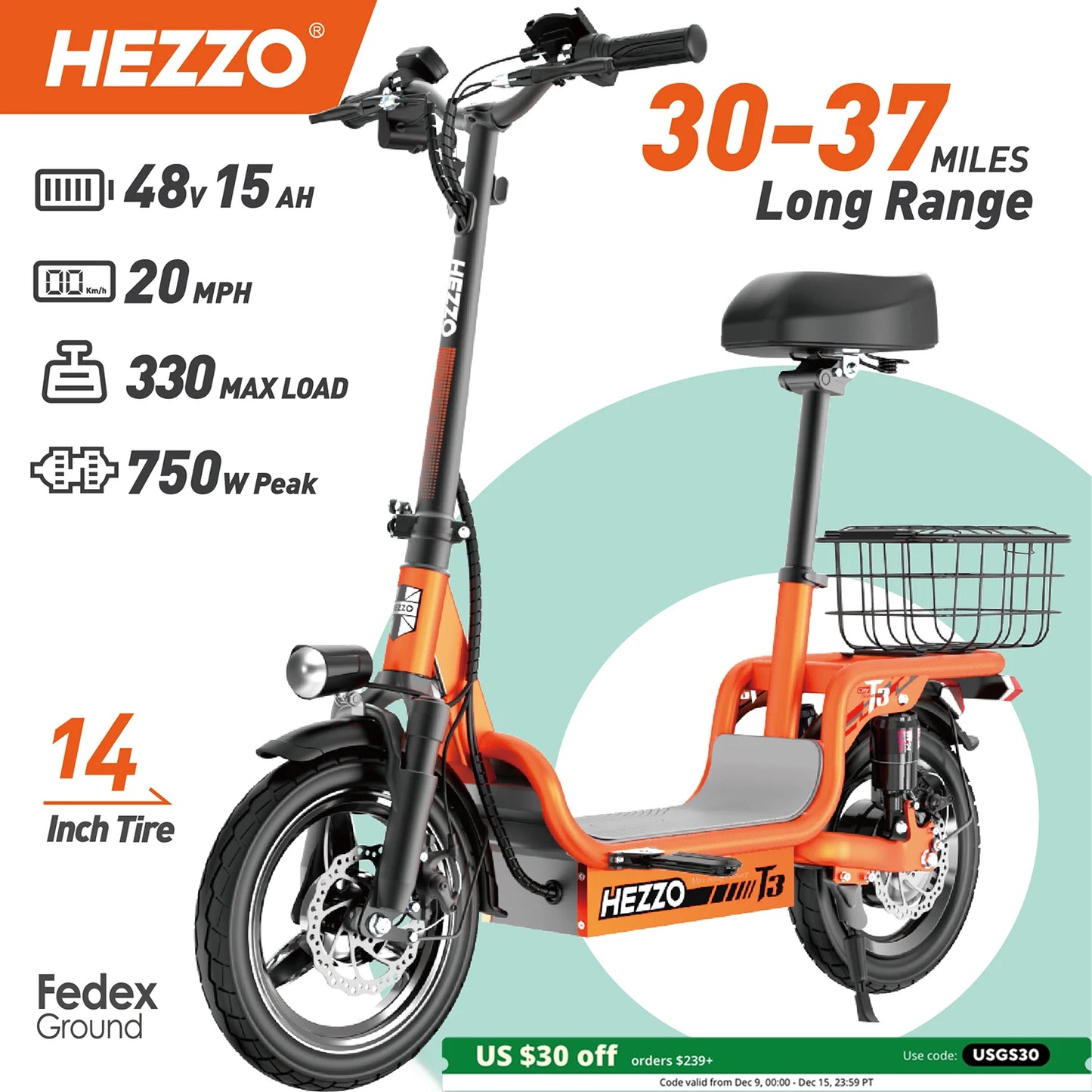 HEZZO Electric Scooter w/ Seat & Basket 48V 15Ah 500W Powerful Motor Foldable E-Scooter Ample Storage Up to 20Mph 25Miles Range