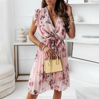 Bohemian Women Print Dress Summer V-Neck Butterfly Sleeve Pleated Dress Boho Casual Fashion Ruffled Sleeveless Vacation Dress