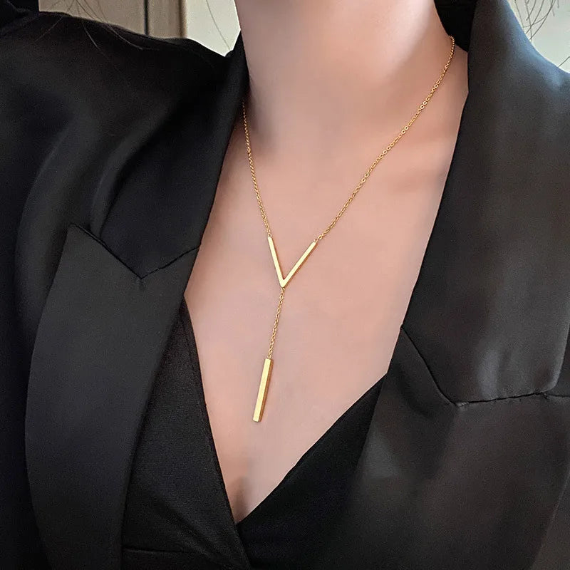 hStainless steel V-shaped long sexy Clavicle Necklace Ladies and girls stainless steel Gold colour chain Necklace  Party jewelry