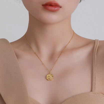 316L Stainless Steel Gold Color Round Relief Flowers Pendant Necklace For Women Fashion Girls Chain Jewelry Party Gifts