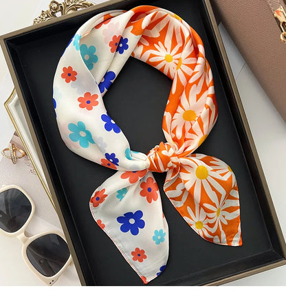 2023 New 70x70cm Women Multifunction Polyester Silk Head Scarf Daisy Flower Prints Casual Small Square Wraps Scarves Shawls