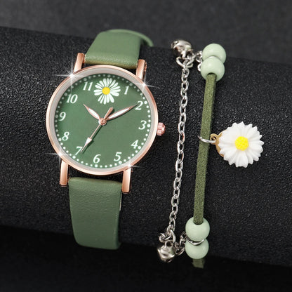 Leather Strap Flower Quartz Watch & Bracelet Set