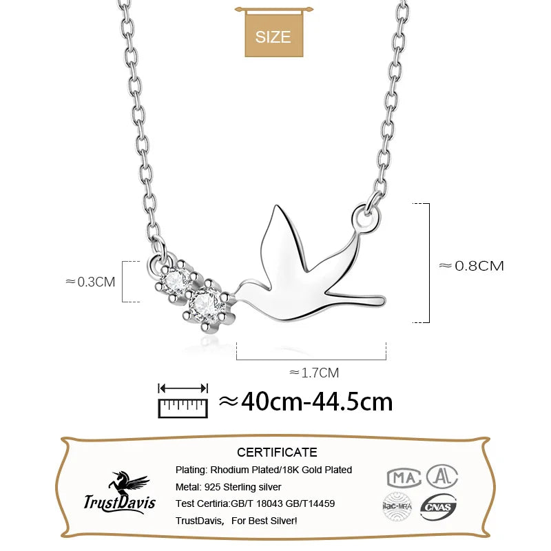 TrustDavis Real 925 Sterling Silver Necklace Fashion Sweet Dove CZ Clavicle Necklace For Women Mother's Day Jewelry Gift DS965