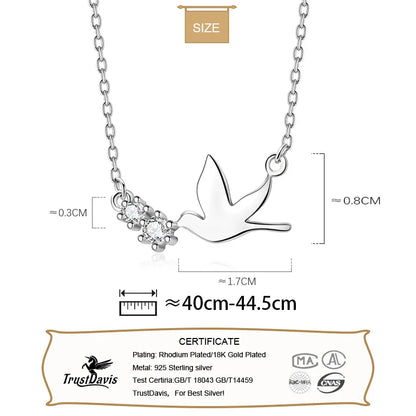 TrustDavis Real 925 Sterling Silver Necklace Fashion Sweet Dove CZ Clavicle Necklace For Women Mother's Day Jewelry Gift DS965