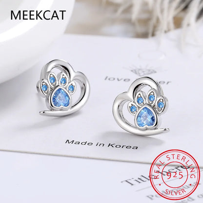 Cat Dog Pet Paw Genuine Natural Blue Topaz 925 Sterling Silver Heart Footprint Stud Earring for Women Statement Gemstone Jewelry