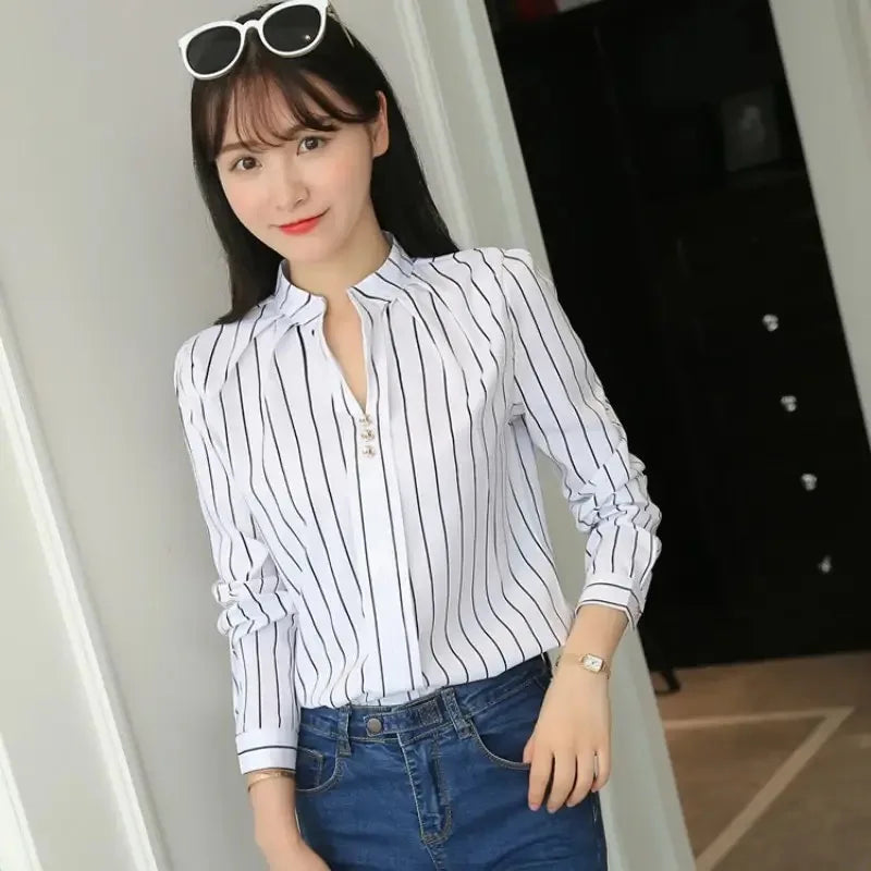 Women White Tops Blouses Fashion Stripe Print Casual Long Sleeve Office Lady OL Shirts Slim Blusas DF4970