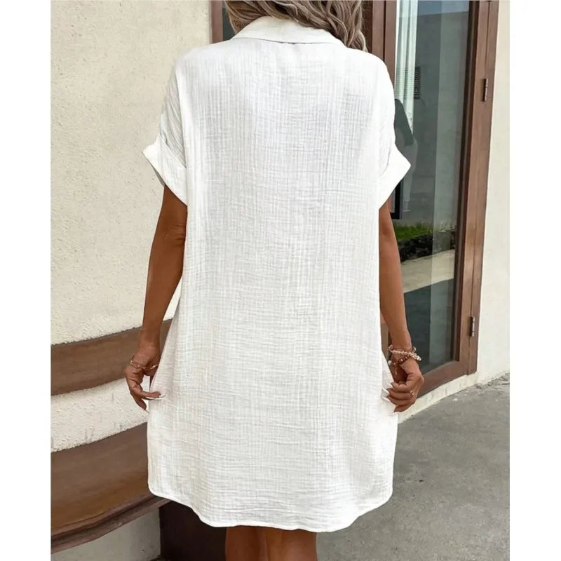 Summer Turn Down Collar Button Up Dress For Women Casual Loose Short Sleeve Pocket Splicing Solid Color Dresses Femme Robe