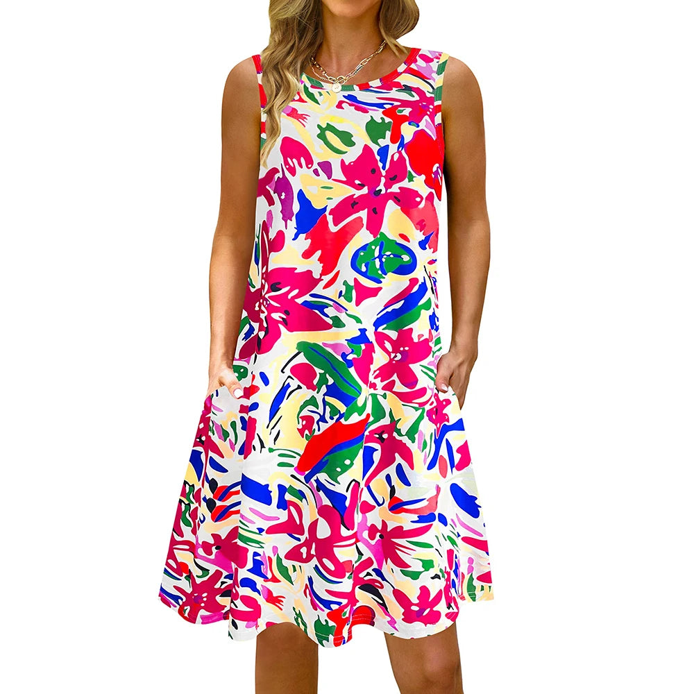 Colorful Printed O Neck Long Dress Casual Bohemian Sleeveless