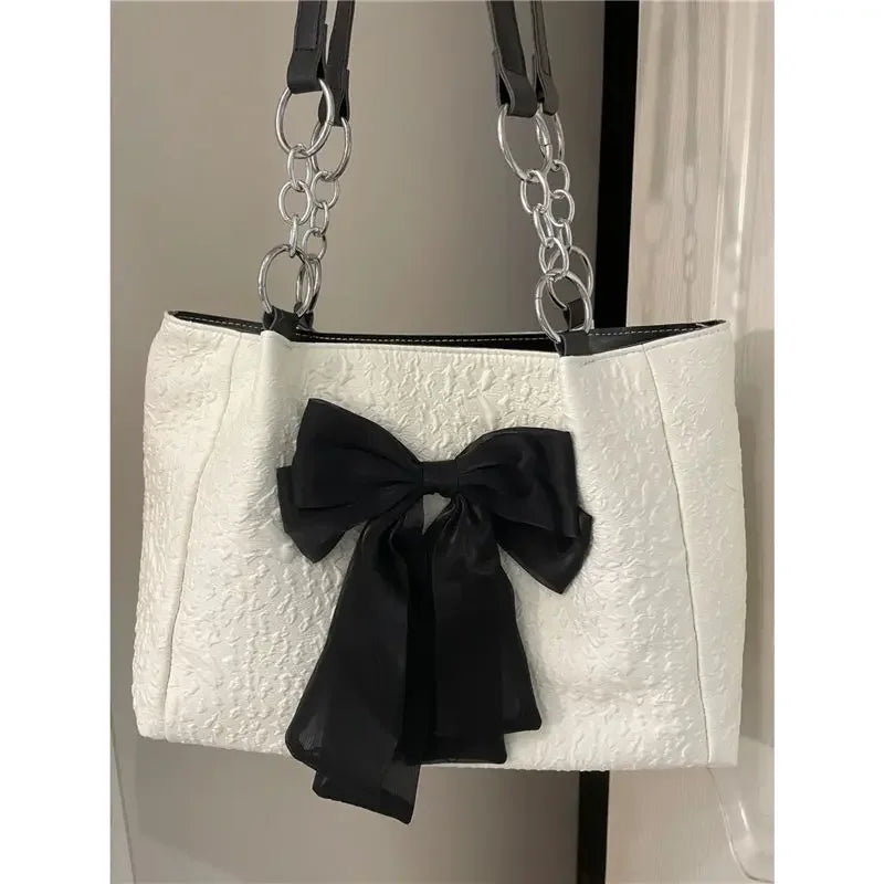 Crossbody Bags For Women Korean 2023 New Big Bowknot Tote Canvas Summer High Capacity Cute Simple Luxury Elegant Bark Texture