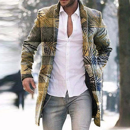 Retro Pattern Print Wool Blend Jackets Men Casual Turn-down Collar Thick Man Cardigan Autumn Winter Single-breasted Trench Coats