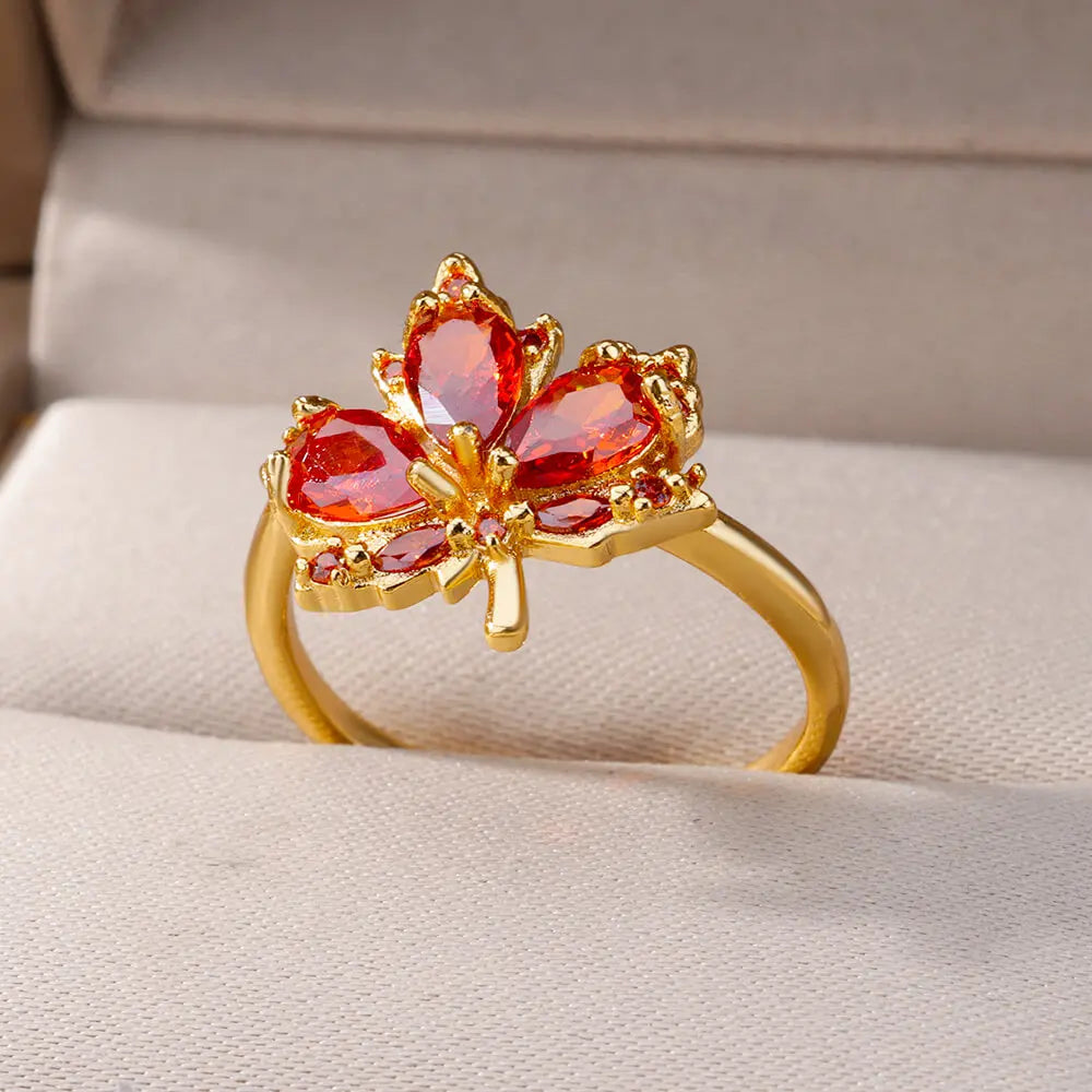 Zircon Maple Leaf Rings For Women Stainless Steel Gold Color Opening Plant Ring 2024 New Trend Wedding Party Jewerly Gift