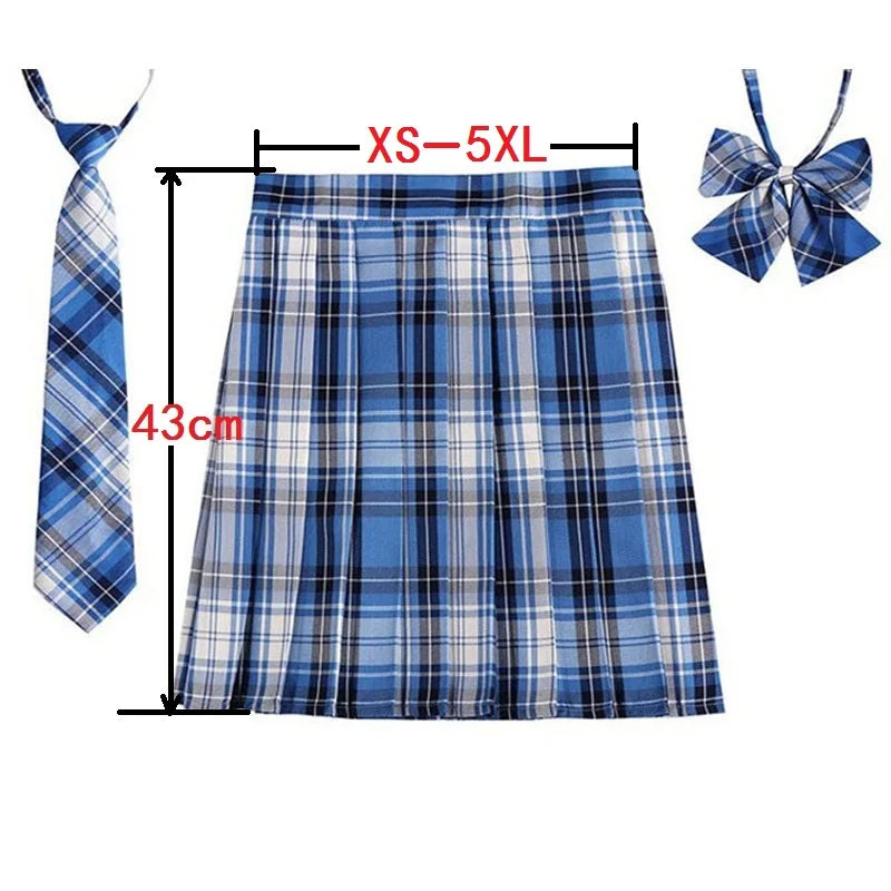 Women Plaid Pleat Skirt With Necktie Bowtie