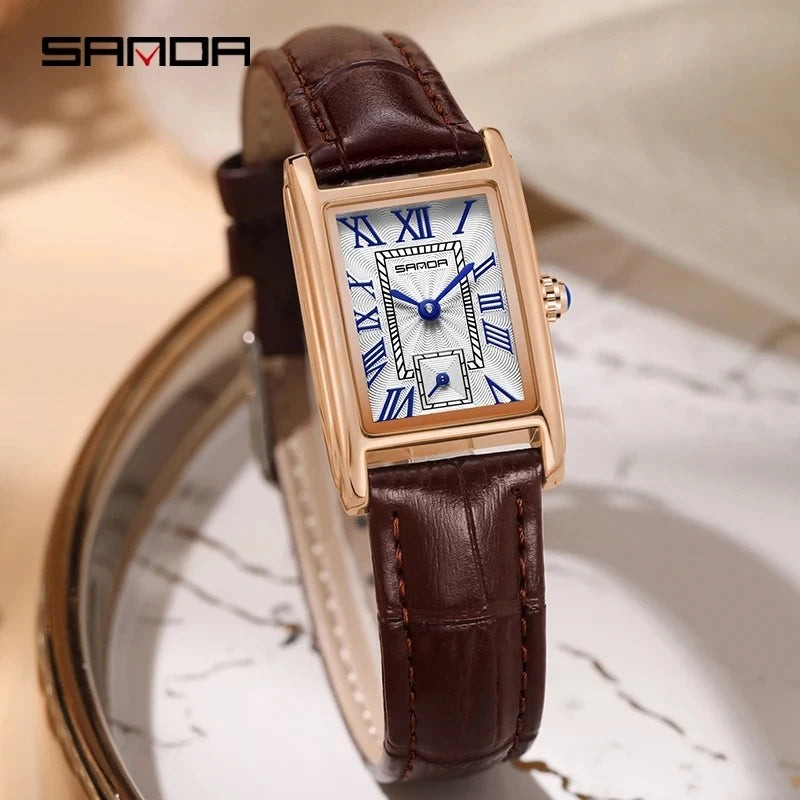 SANDA 1116 Quartz Watch Women Elegant Design Watches Rectangle Dial Waterproof Steel Leather Business Ladies Wristwatches Gift