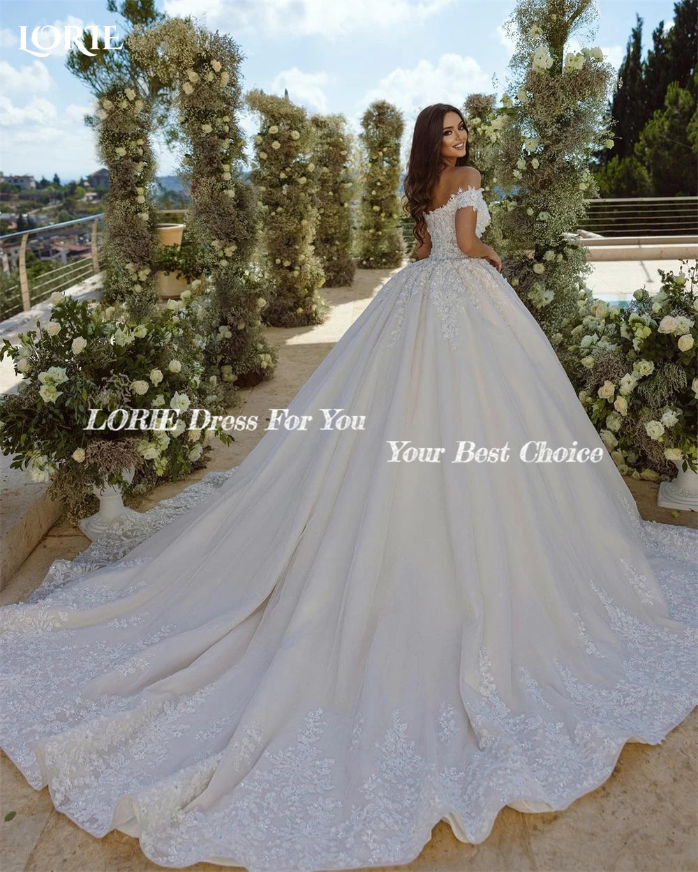 LORIE Vintage Glitter Lace Wedding Dresses Off Shoulder Appliques A-Line V-Neck Bridal Gowns Backless Princess 2024 Bride Dress