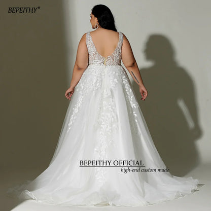 BEPEITHYCustomized Lace Boho Wedding Dress 2022 For Plus Size Women Bride Sleeveless A Line Ivory V Neck White Curve Bridal Gown