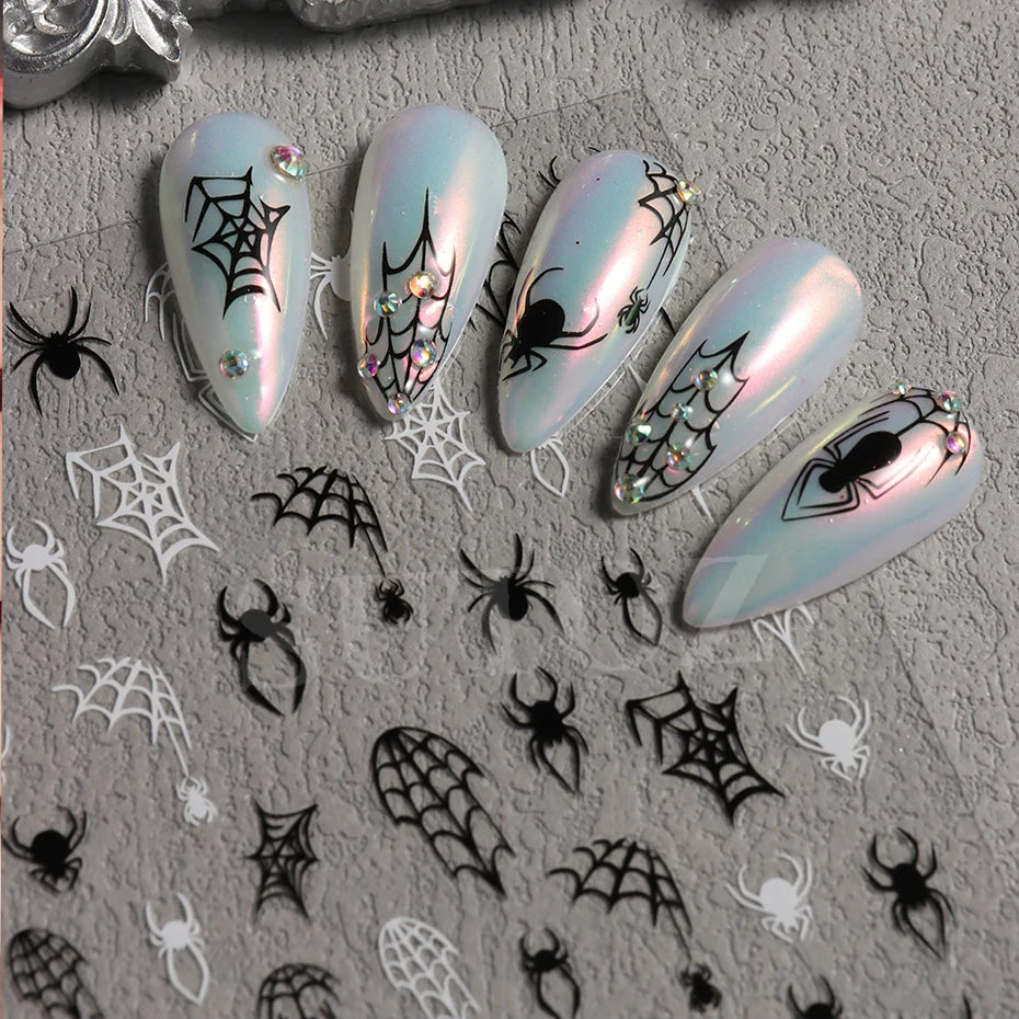 Red Spiders Halloween Nail Stickers Y2K Laser Red Spider&Cobweb Black White Halloween Night Party DIY Nails Charms Decor LESU-37