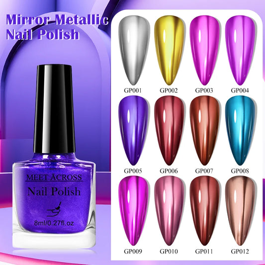 MEET ACROSS 8ml Mirror Metallic Nail Polish Metallic Effect Quick Dry Varnish For Nail Art DIY No Need Lamp Glass Bottle