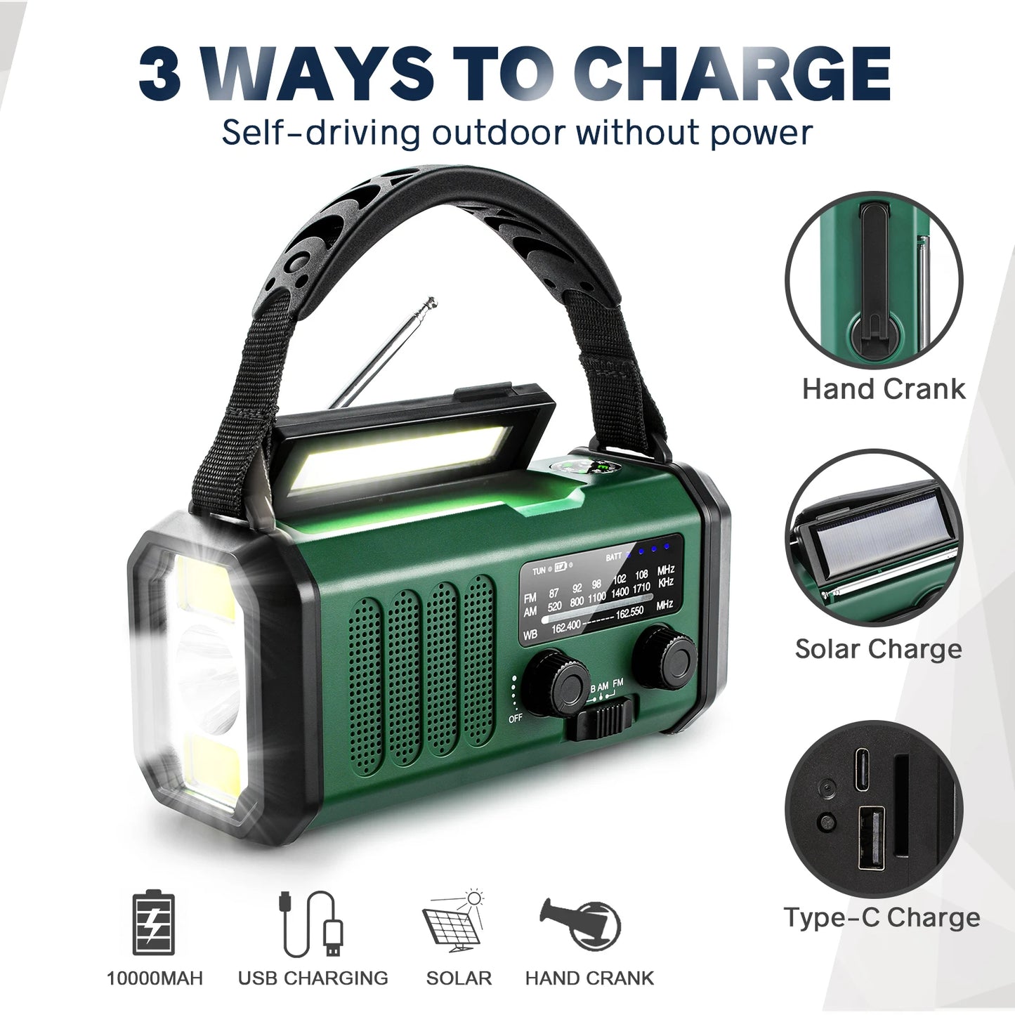 Woopker Radio E30 10000mAh FM Emergency Radio Solar Hand Crank Generator AM/FM/NOAA LED Portable Radio SOS Alarm Power Bank