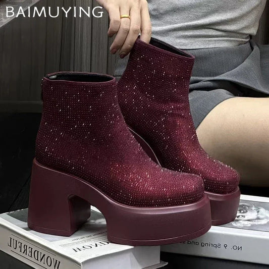 Crystal Platform Ankle Boots Women High Heels Luxury Shoes Woman 2024 Trend Winter Goth Fashion Snow Motorcycle Botas De Mujer