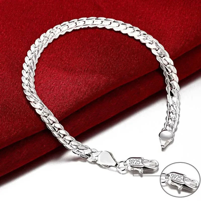 925 Sterling Silver Bracelet 5mm 20cm Flat Side Chain Lobster Clasp Bracelet For Woman Man Party Wedding Engagement Jewelry Gift