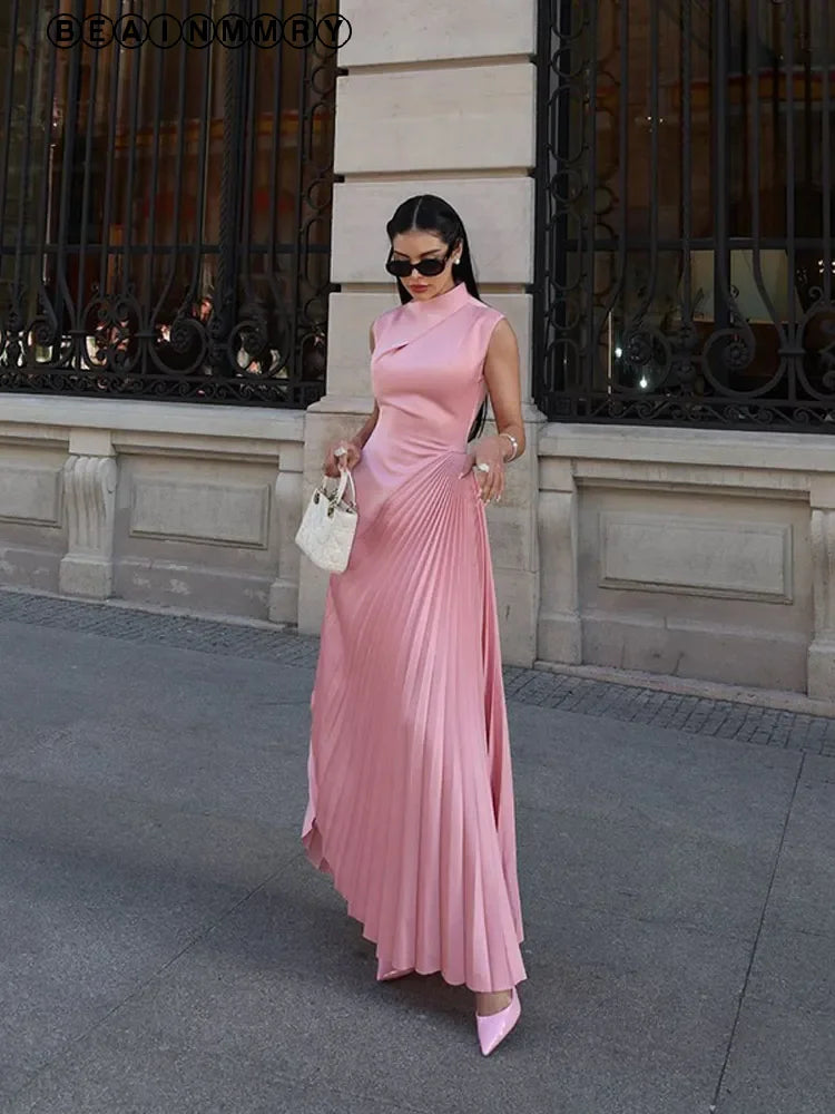 Women Solid Color Half Collar Long Dress  Female Sleeveless Irregular Ruffle Maxi Dress Lady 2024 Fashion Party Long Robes