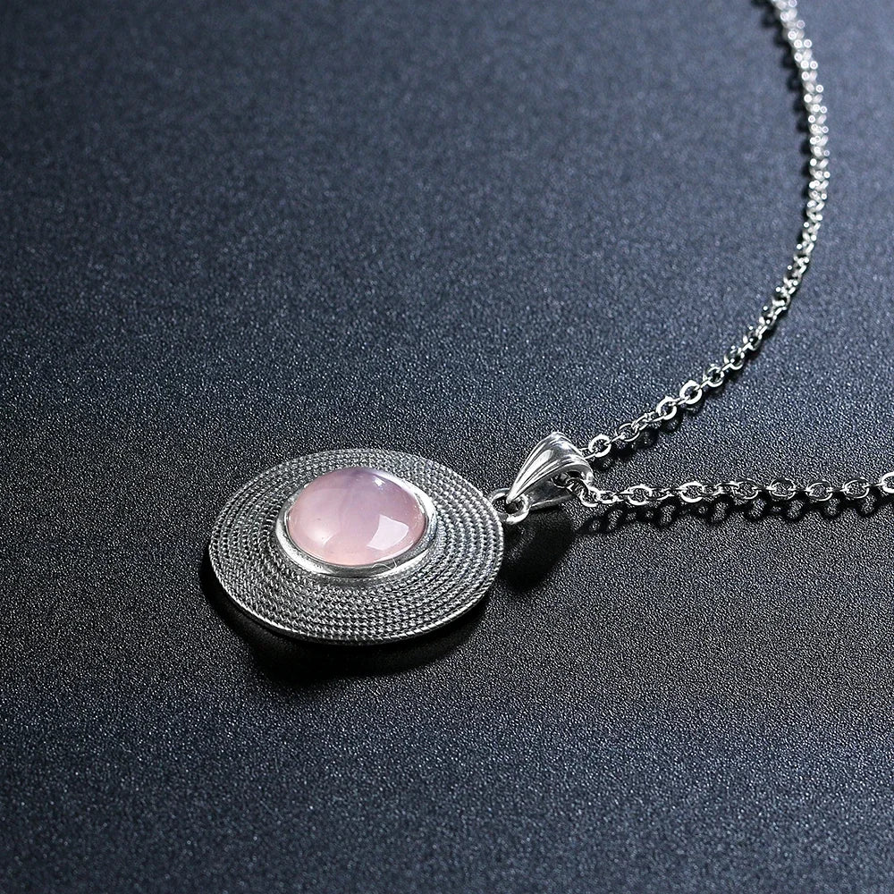 925 Sterling Silver Necklace Natural Round 10MM Rose Quartz Pendant Necklace for Women Jewelry Gift Charm Necklace