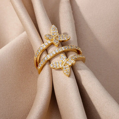 Zircon Double Butterfly Rings For Women Stainless Steel Gold Color Open Multilayer Ring Fashion Wedding Party Jewelry 2024 New