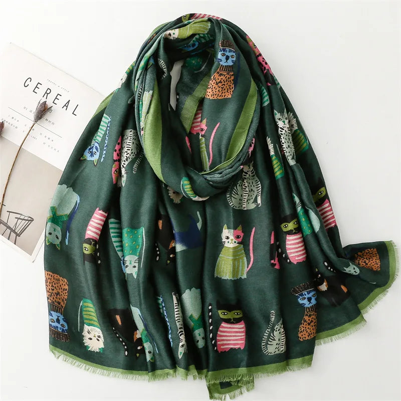 Luxury Brand New Women Winter Autumn Scarf Casual Soft Cotton and Linen Fashion Cats Prints Warm Long Shawls Scarves 2023