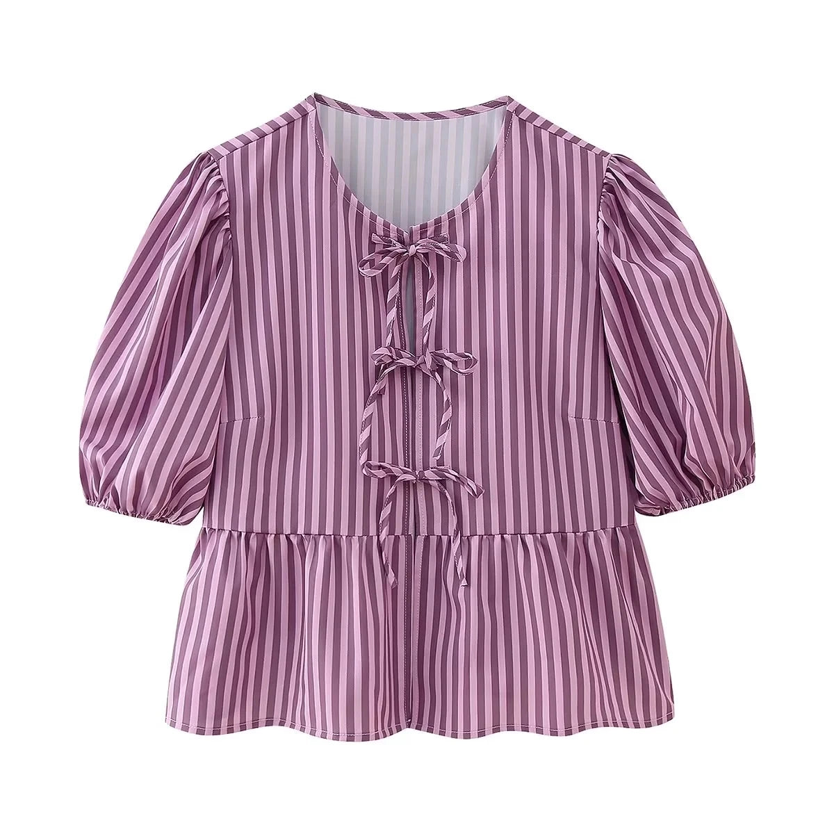 TRAFZA Women Elegant Stripe Bow Lace Up Blouse 2024 Fashion Short Sleeve Loose Shirt Female Spring Summer Vintage Chic Tops