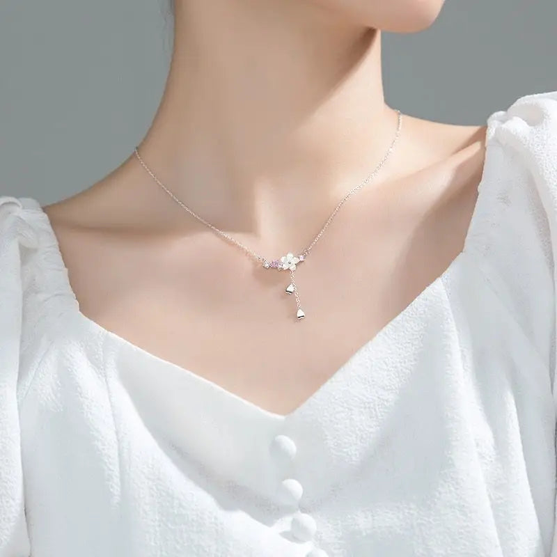 100% Real 925 Sterling Silver Cherry Flower Shell Long Tassel Necklace for Women Sweet Heart Pendant Clavicle Chain Necklace