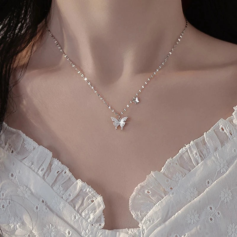 925 Sterling Silver Necklace For Woman Butterfly Necklace Ladies Exquisite Double Layer Clavicle Chain Necklace Jewelry Gift