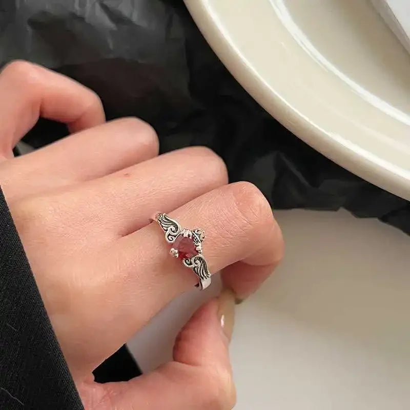 925 Sterling Silver Heart Red Zircon Rings for Women Wedding Luxury Jewelry Accessories Engagement Ring Y2k Gothic Lolita Style