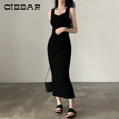 CIBBAR Basic Knit Long Dress Korean Fashion Square Collar Sleeveless Women's Dresses Summer Casual Y2k Vintage All-match Outftis