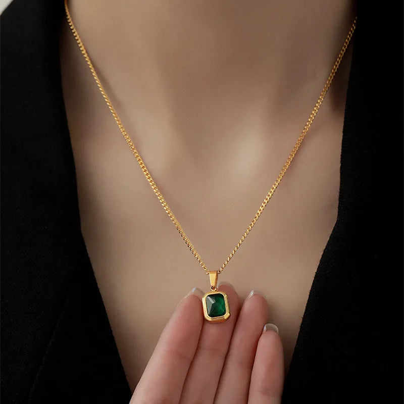 Retro Square Green Zircon Pendant Necklace For Women Titanium Steel Necklace Girls Wedding Engagement Jewelry