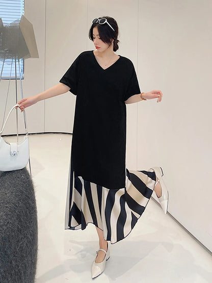 NYFS 2024 Summer New Korea Dresses For Women Vestidos Robe Elbise Loose Plus Size Patchwork Silk Velvet Stripe Long Dress