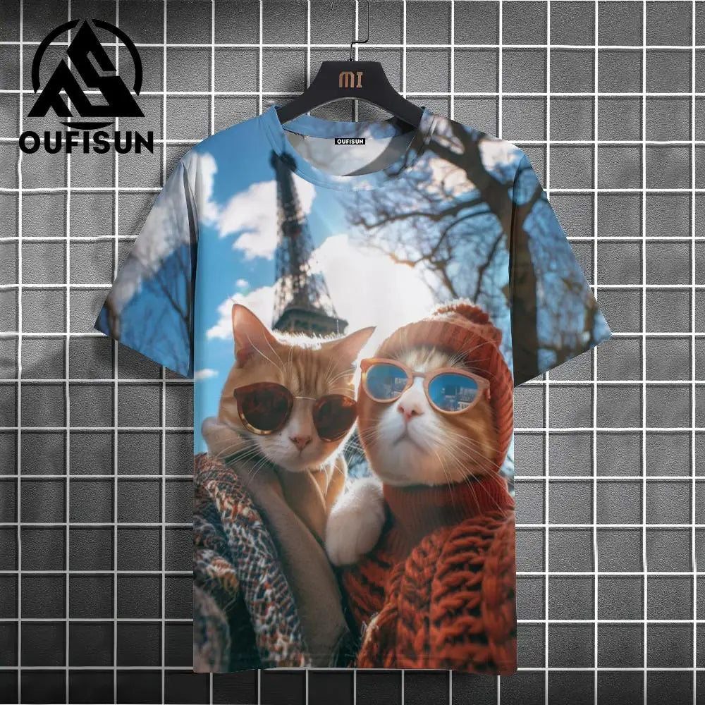 Fashion Sketch Animal Graphic Men T-shirts Cats 3D Print Oversize Short Sleeve Men T shirt  O-Neck Casual Men Women T-shirt