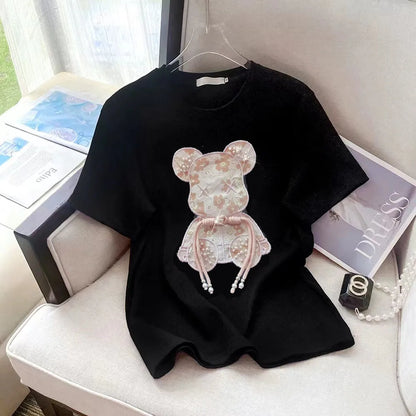 Buckle Green Bear Beading T-shirt Heavy Handmade Diomand Shiny Bowknot Embroidery T Shirt Summer Tees Top Accessories Clothes